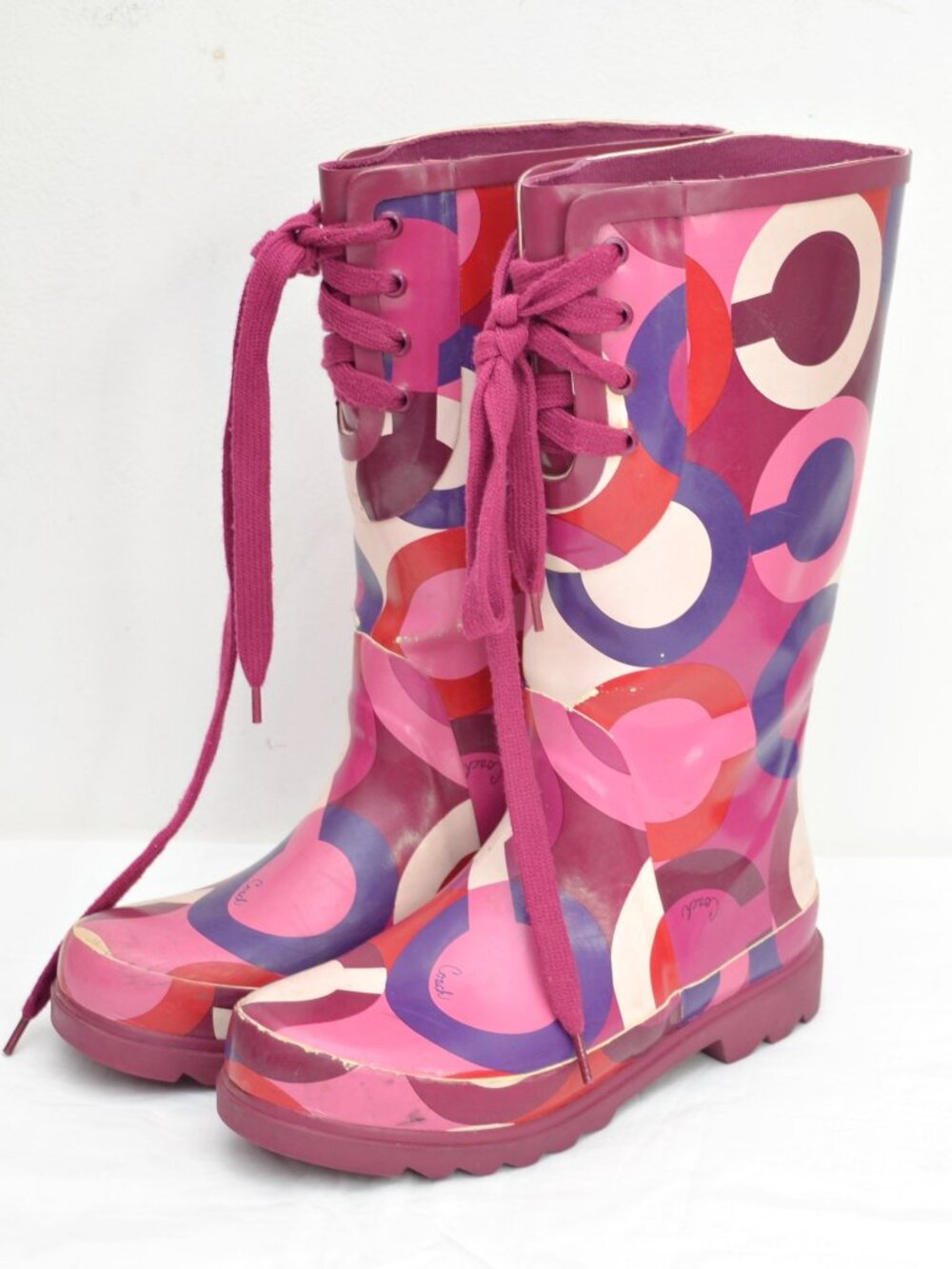 COACH Periwinkle Rainboots Closed-Toe Rubber Lace-Up Boots Y2K Berry Size 8B